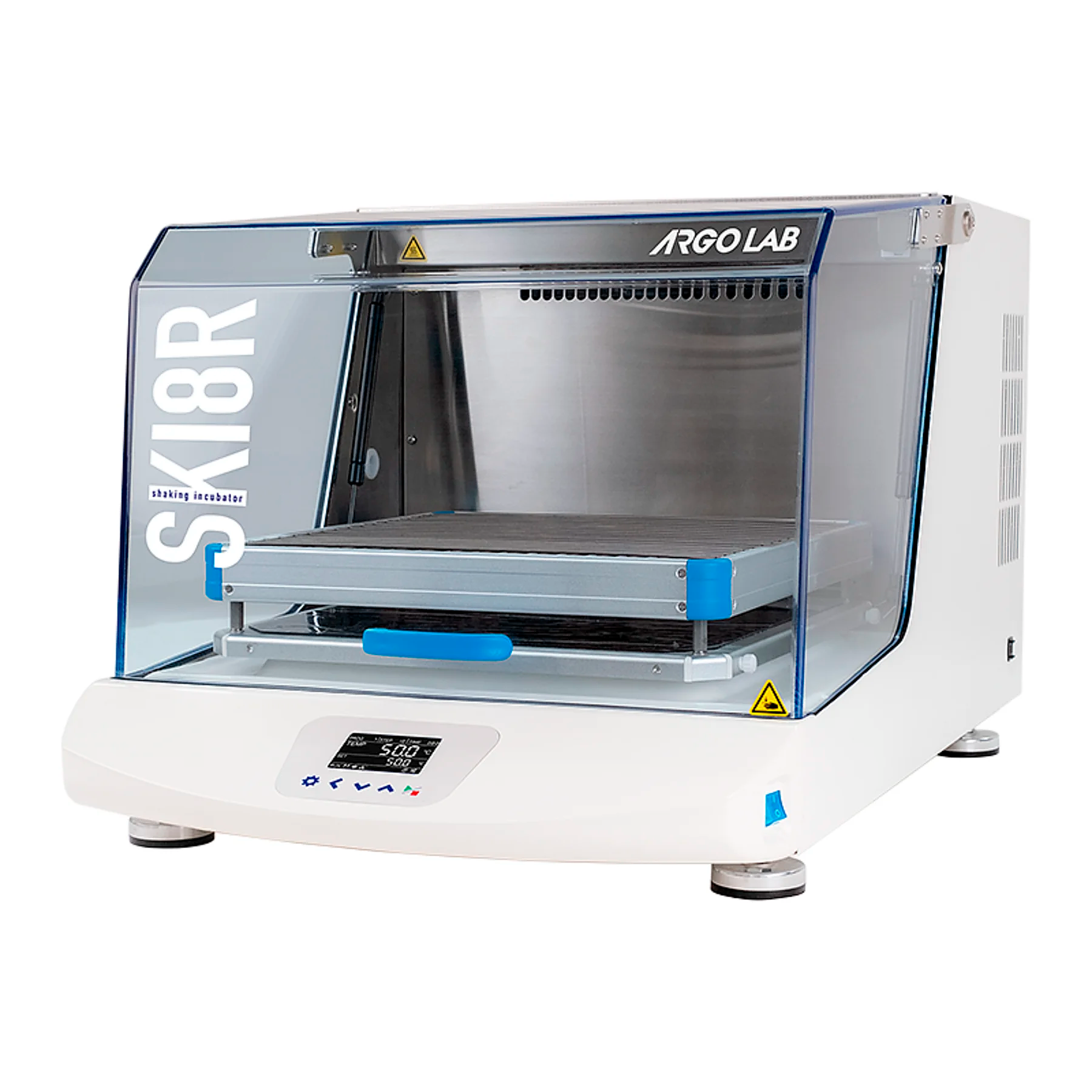 Incubateur à secousses avec mouvement de rotation orbitale, réfrigéré ou pas. Grand écran LCD rétroéclairé avec visualisation simultanée de la température réelle et de consigne, ainsi que de la vitesse et du temps d’agitation.