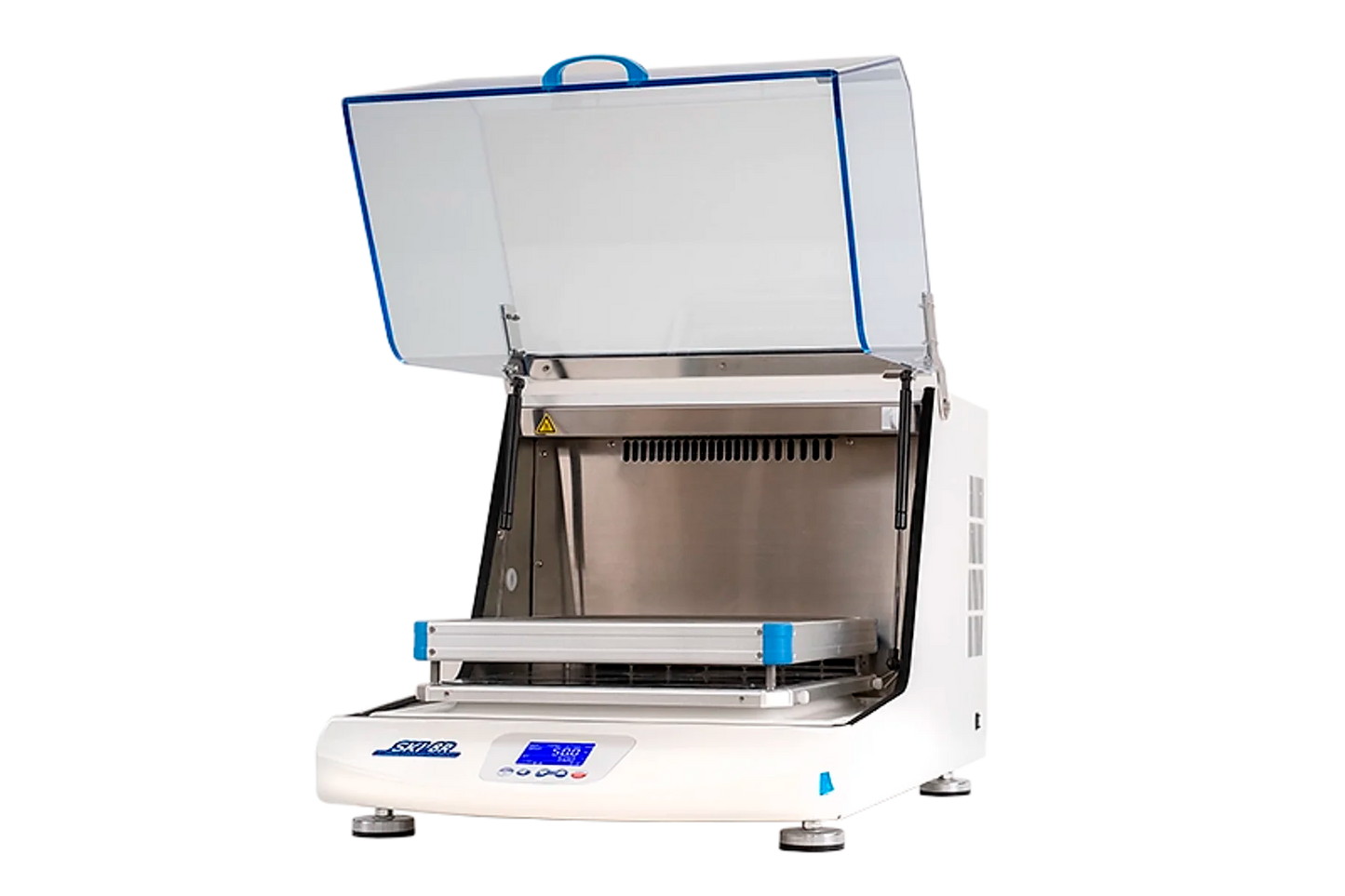 Incubateur à secousses avec mouvement de rotation orbitale, réfrigéré ou pas. Grand écran LCD rétroéclairé avec visualisation simultanée de la température réelle et de consigne, ainsi que de la vitesse et du temps d’agitation.