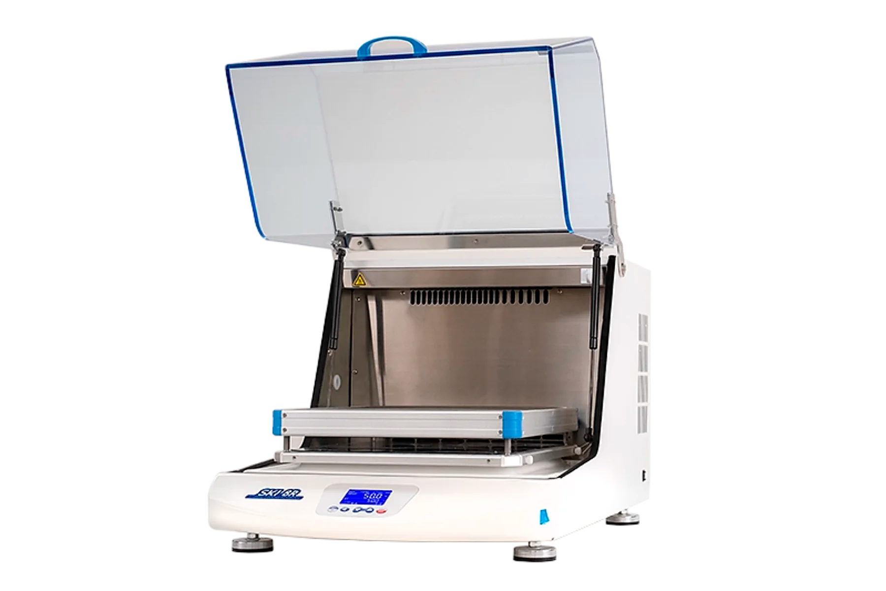 Incubateur à secousses avec mouvement de rotation orbitale, réfrigéré ou pas. Grand écran LCD rétroéclairé avec visualisation simultanée de la température réelle et de consigne, ainsi que de la vitesse et du temps d’agitation.