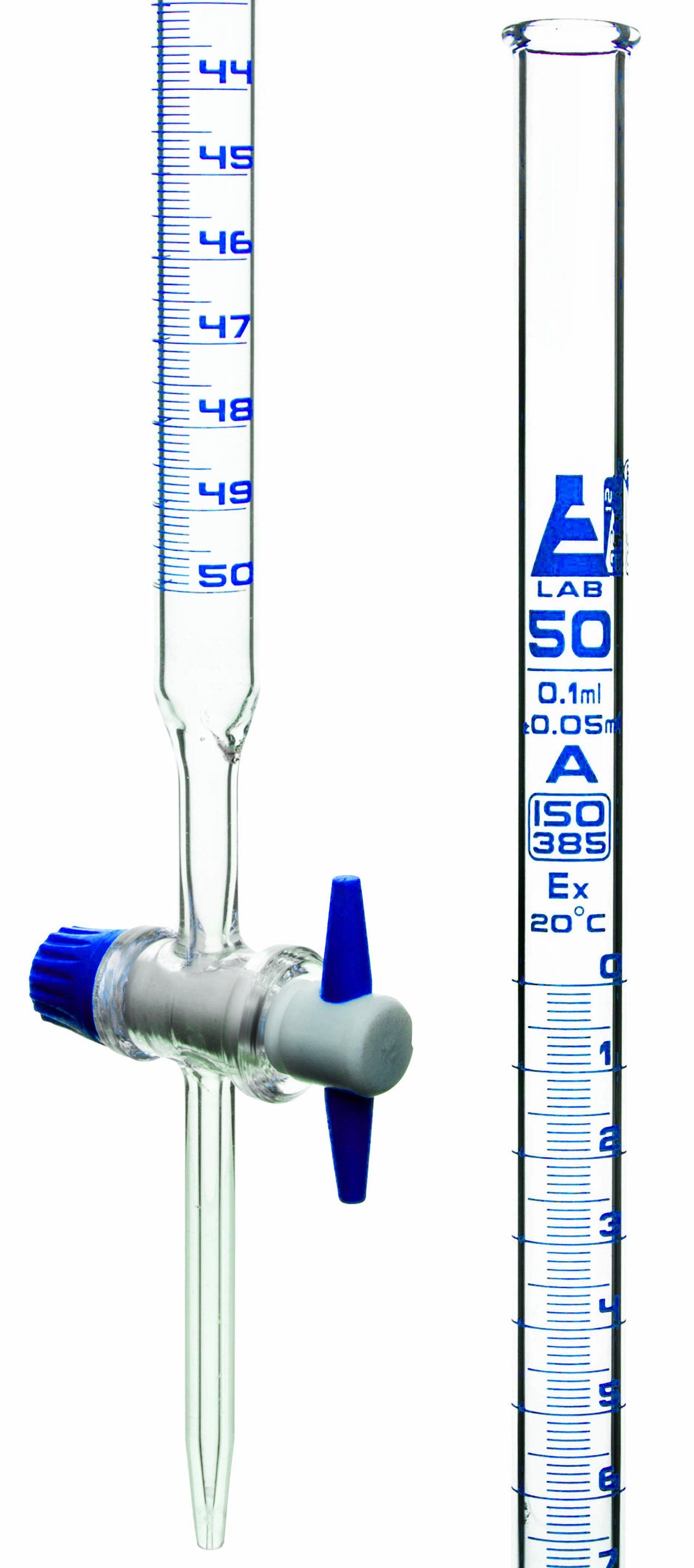 Burettes graduées en verre borosilicate de qualité supérieure. De classe A ou B, avec robinet en verre ou en PTFE