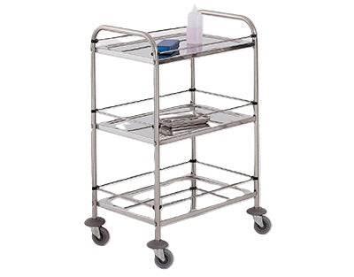 Chariot inox sur roulette, application laboratoire, avec étagère pleine ou grillagée