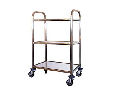 Chariot inox sur roulette, application laboratoire, avec étagère pleine ou grillagée