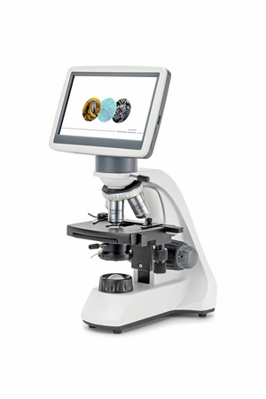 Microscopes à lumière transmise pour les cours Microscopes scolaires de qualité supérieure, qui se distinguent par leurs commandes simples, leur robustesse et leur design moderne. Trois versions disponibles : monoculaire, binoculaire et avec écran LCD 