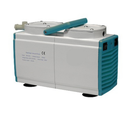 Pompe à vide à membrane chimiquement résistante adaptée aux équipements et rampes de filtration, évaporateurs rotatifs, étuves à vide, etc. De petite taille, il dispose d'un vacuomètre, sans huile et sans entretien, ainsi que d'une poignée pour un transport facile.