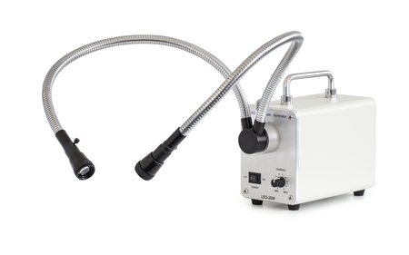 Systèmes d'éclairage externe anneau lumineux ou col de cygne pour les loupes binoculaires. Ces systèmes d’éclairage professionnels garantissent une lumière d’intensité constante d’excellente qualité sur l’objet.