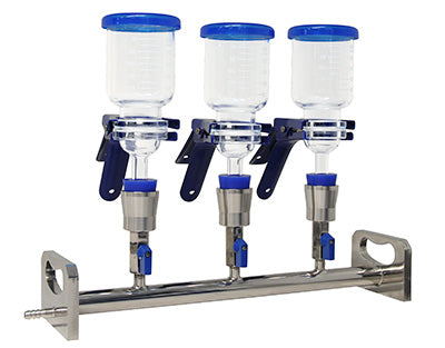Rampe de filtration (en inox) avec entonnoir en verre à 1 poste, 3 postes ou 6 postes